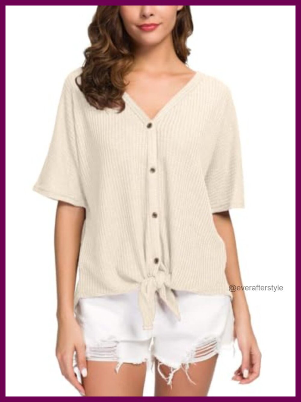 Waffle Knit Tunic Blouse Tie Knot Short Sleeve Henley Top